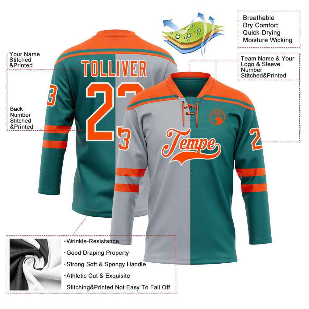 Custom Teal Orange Gray-White Split Fashion Hockey Lace Neck Jersey view 5