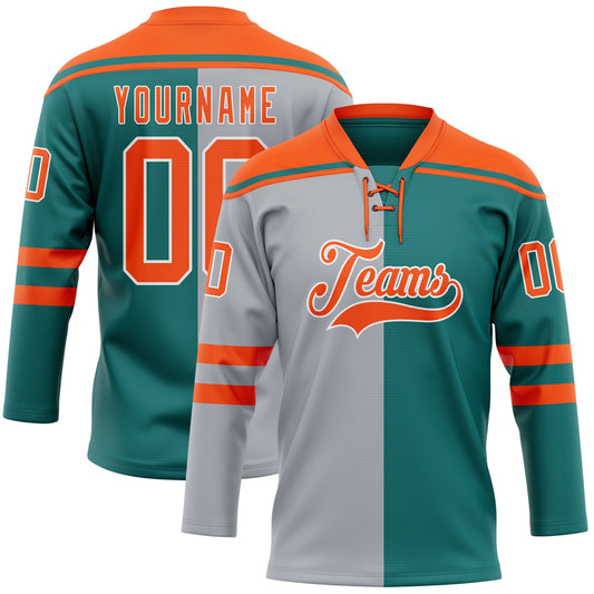Custom Teal Orange Gray-White Split Fashion Hockey Lace Neck Jersey - Main View