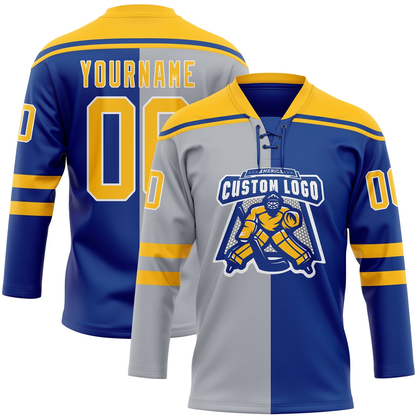 Custom Royal Gold Gray-White Split Fashion Hockey Lace Neck Jersey view 2