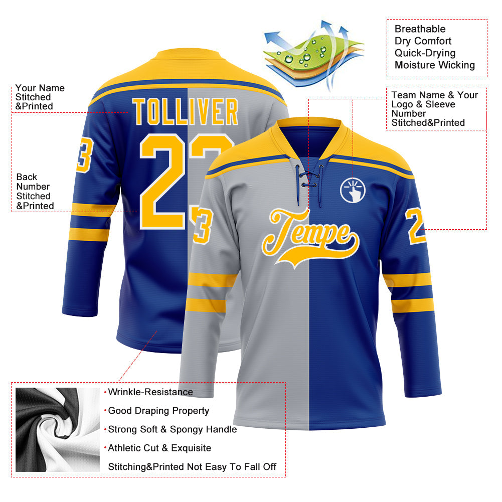 Custom Royal Gold Gray-White Split Fashion Hockey Lace Neck Jersey view 5