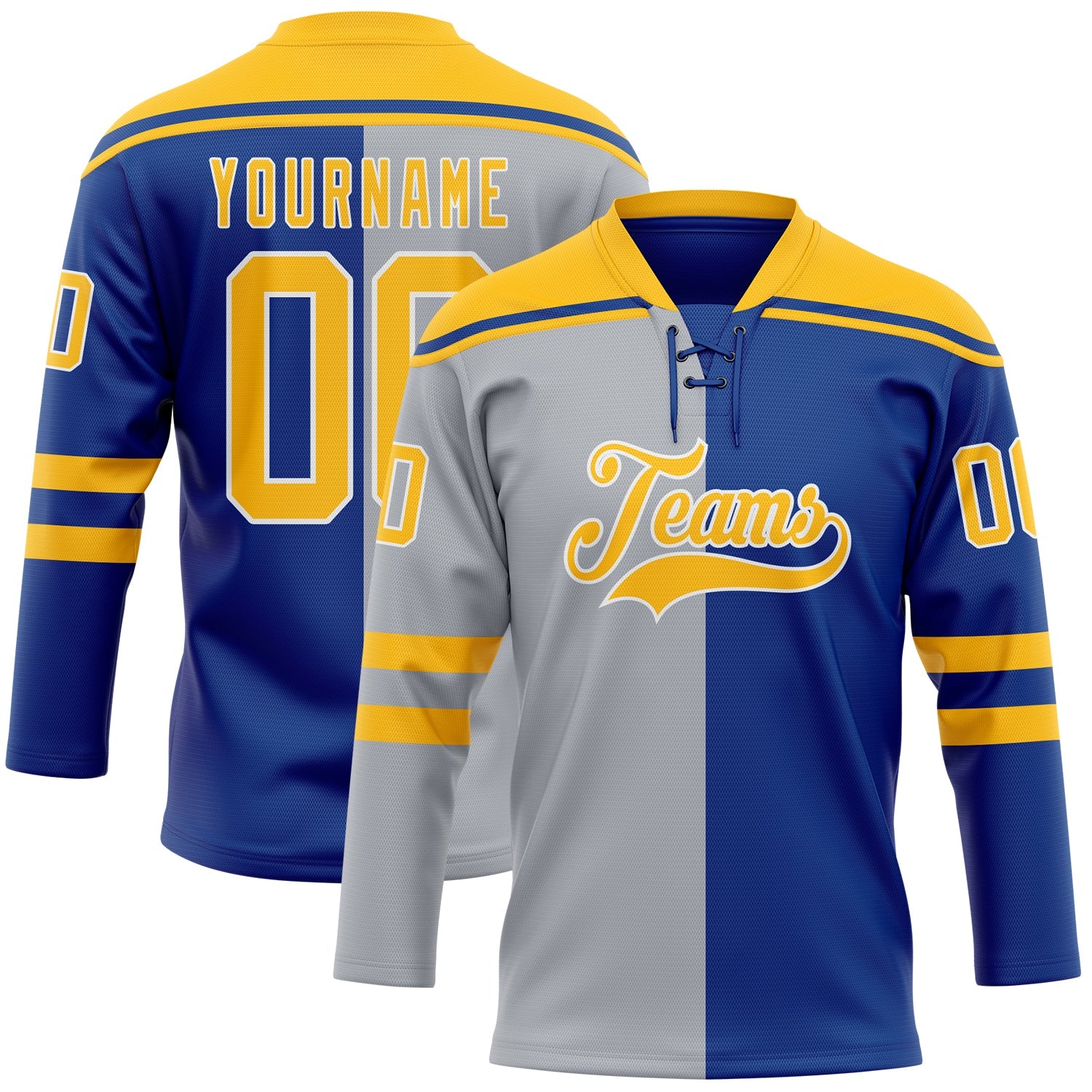 Custom Royal Gold Gray-White Split Fashion Hockey Lace Neck Jersey - Main View