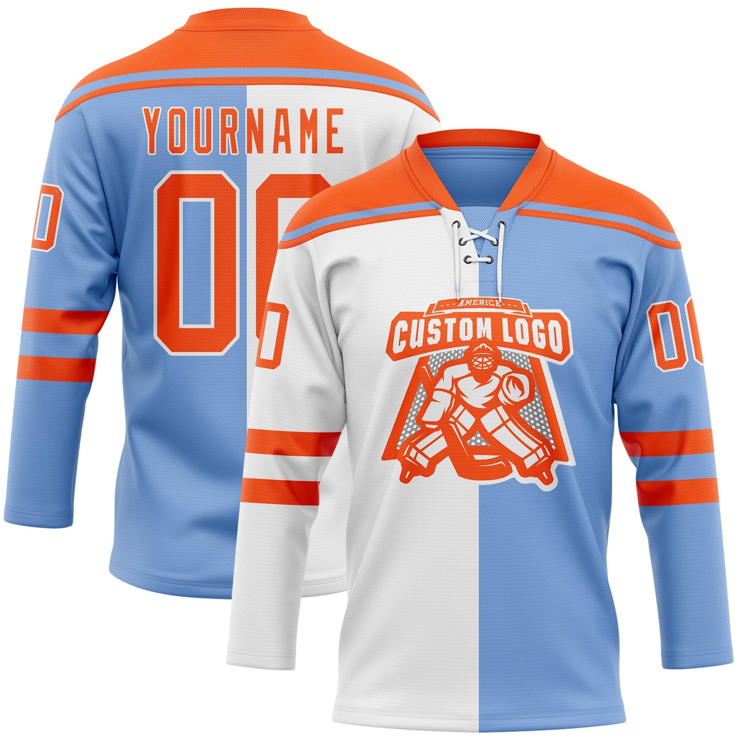 Custom Powder Blue Orange-White Split Fashion Hockey Lace Neck Jersey view 2