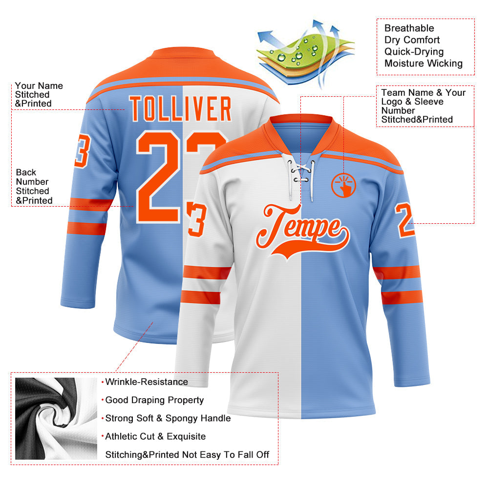 Custom Powder Blue Orange-White Split Fashion Hockey Lace Neck Jersey view 5