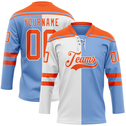 Custom Powder Blue Orange-White Split Fashion Hockey Lace Neck Jersey - Main View