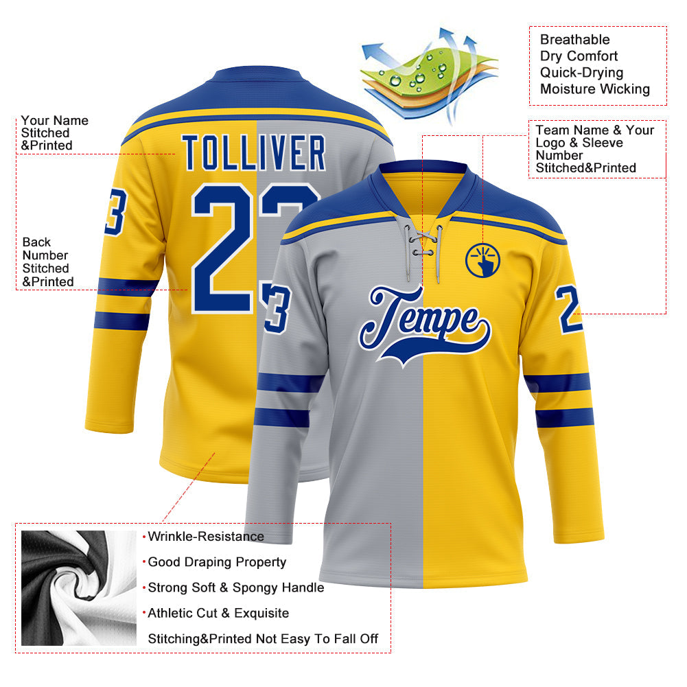 Custom Yellow Royal Gray-White Split Fashion Hockey Lace Neck Jersey view 5