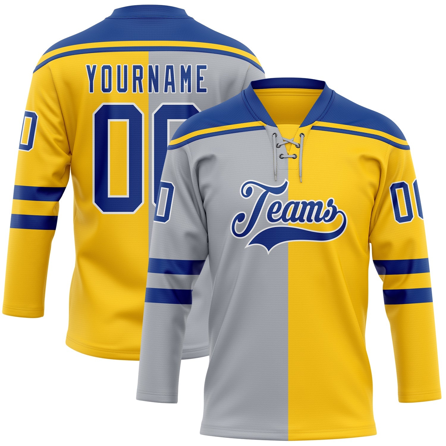 Custom Yellow Royal Gray-White Split Fashion Hockey Lace Neck Jersey - Main View