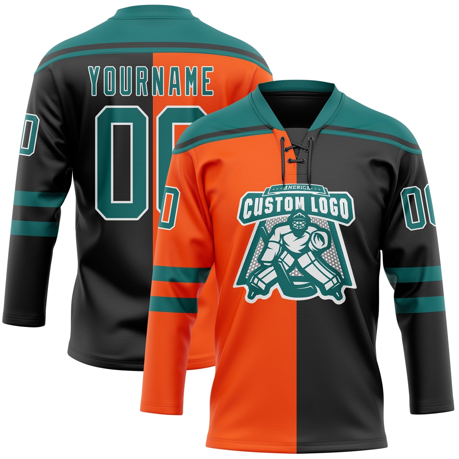 Custom Black Teal Orange-White Split Fashion Hockey Lace Neck Jersey view 2