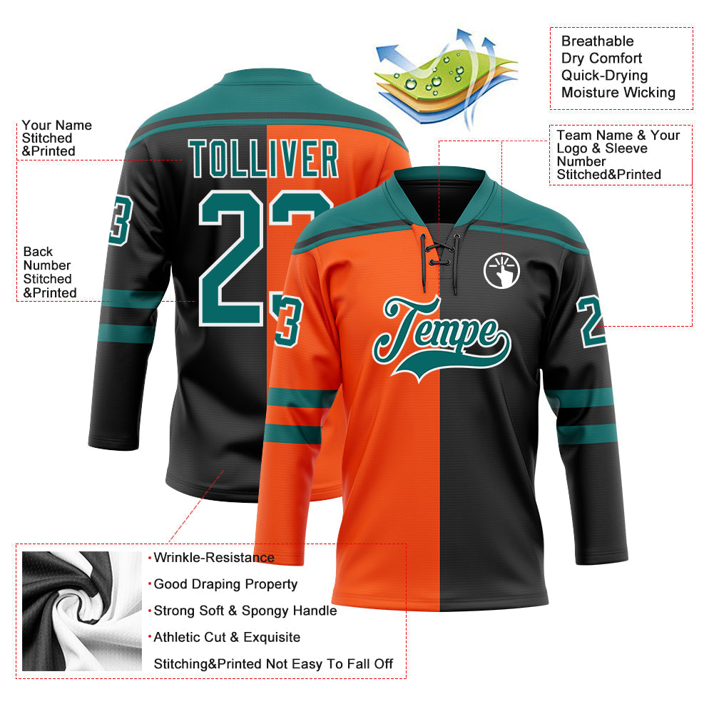 Custom Black Teal Orange-White Split Fashion Hockey Lace Neck Jersey view 5