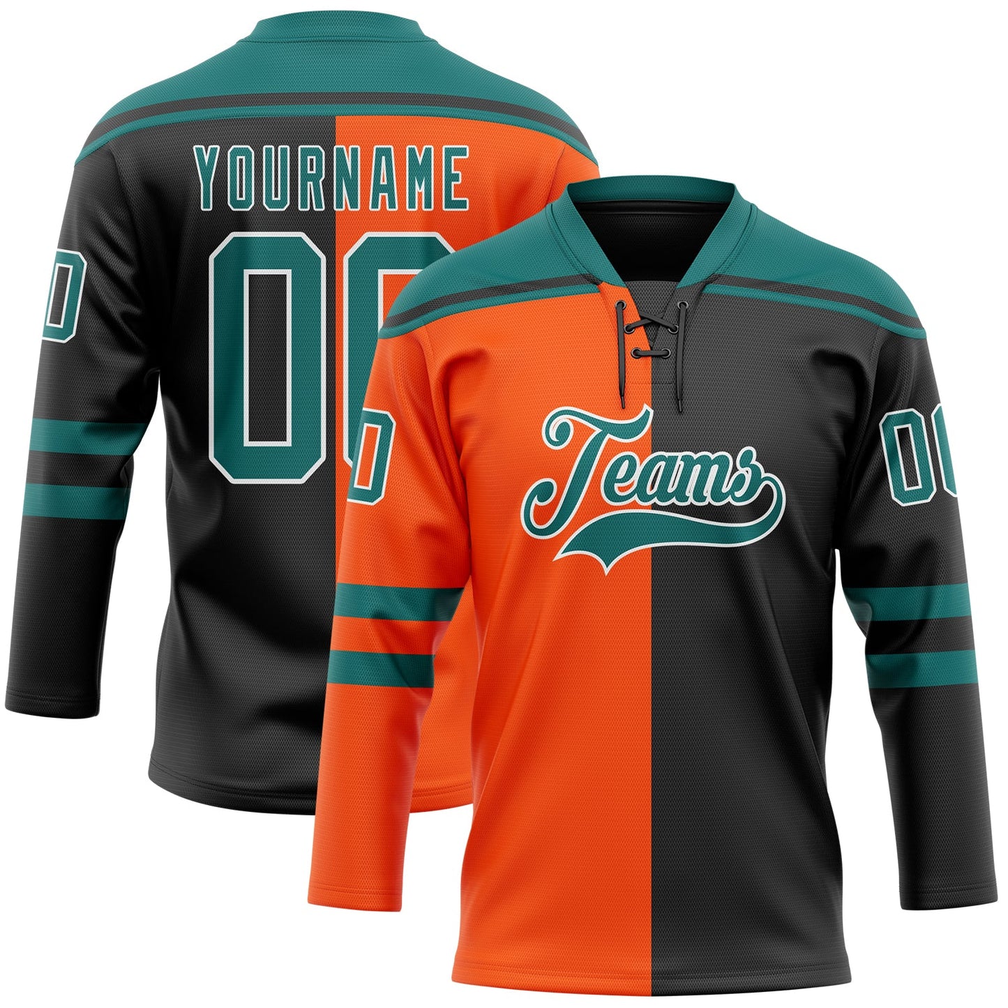 Custom Black Teal Orange-White Split Fashion Hockey Lace Neck Jersey - Main View