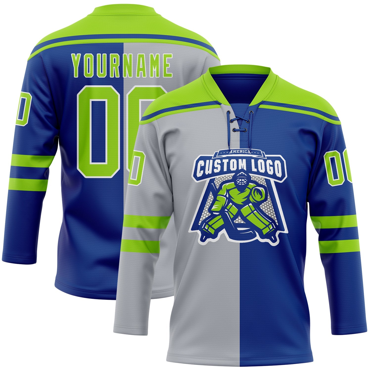 Custom Royal Neon Green Gray-White Split Fashion Hockey Lace Neck Jersey view 2
