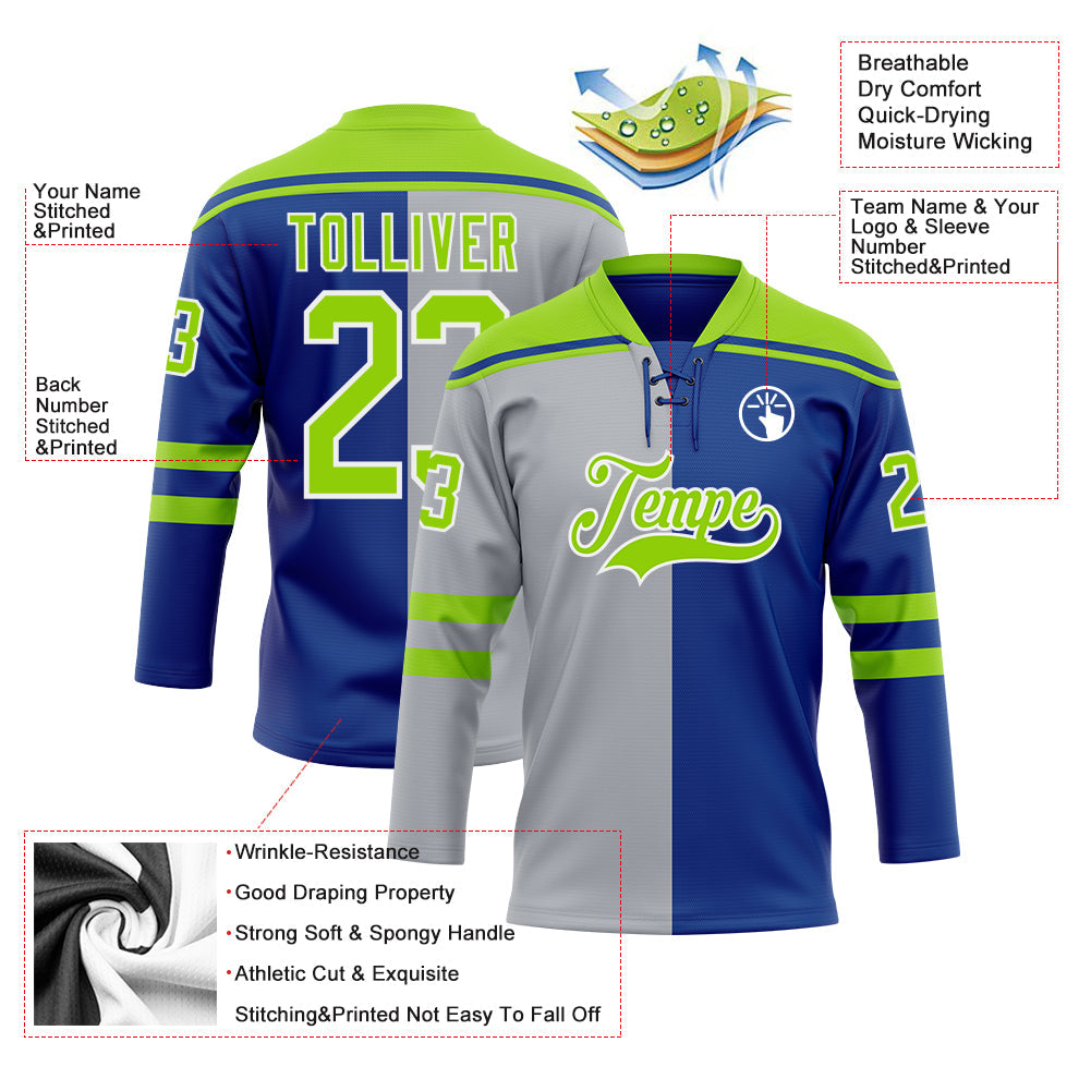 Custom Royal Neon Green Gray-White Split Fashion Hockey Lace Neck Jersey view 5