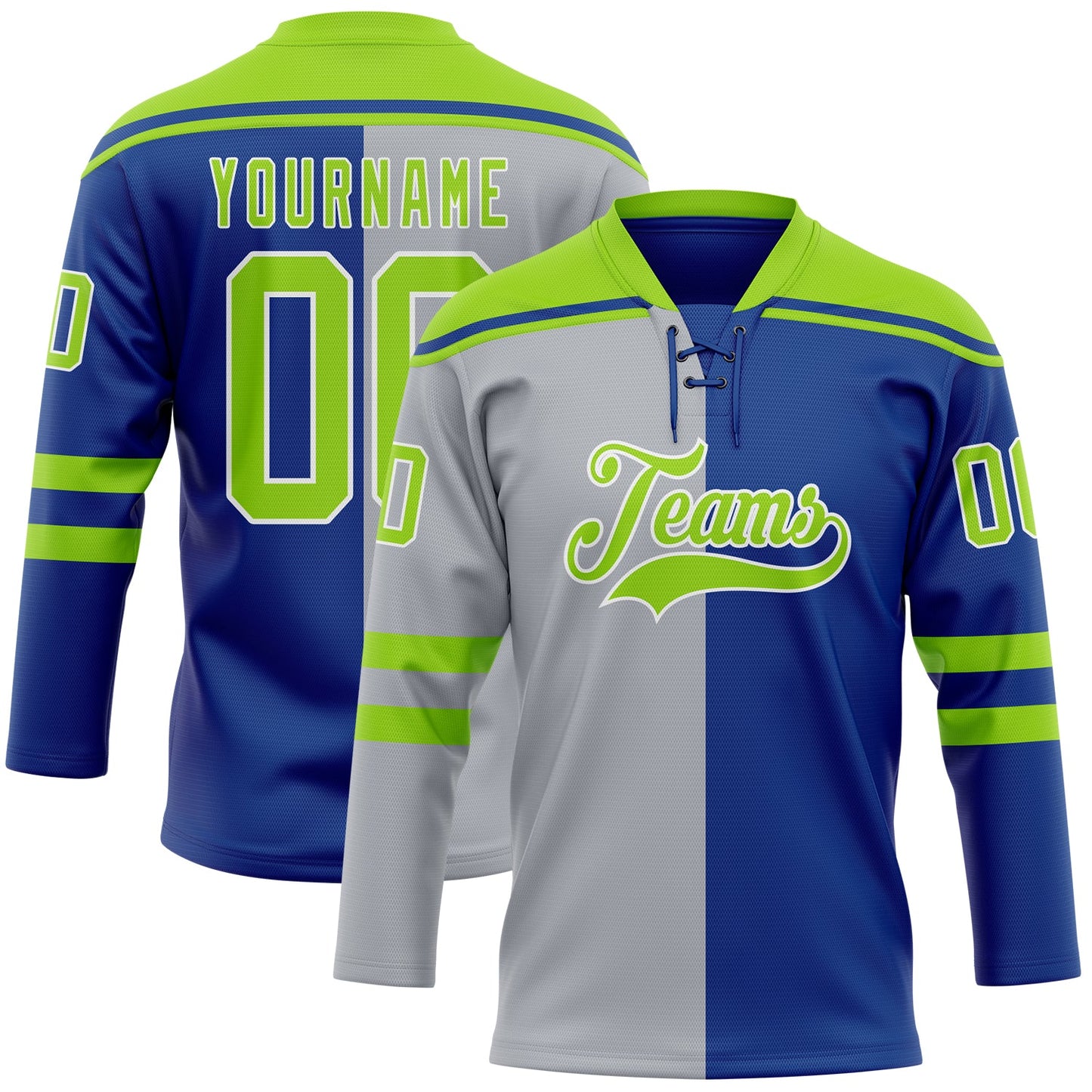 Custom Royal Neon Green Gray-White Split Fashion Hockey Lace Neck Jersey - Main View