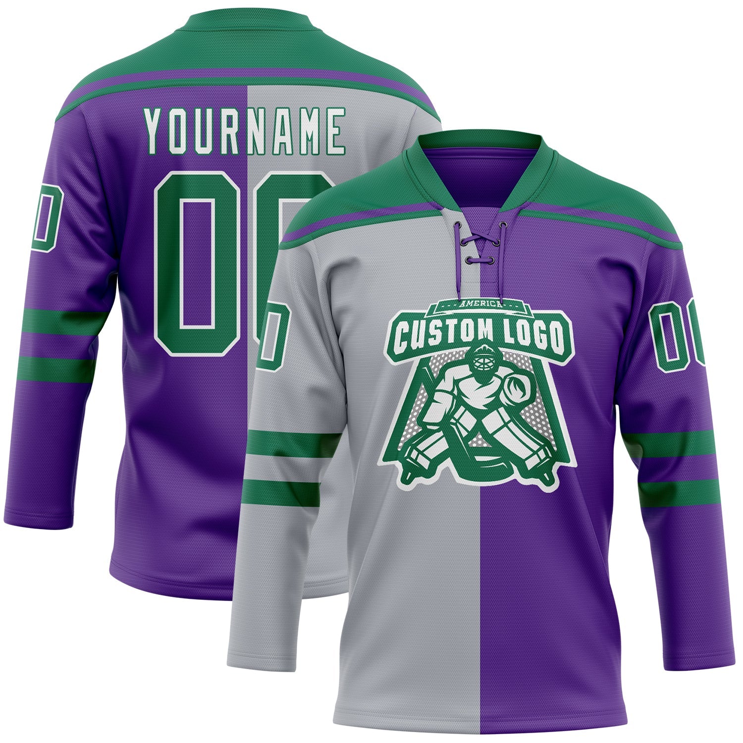 Custom Purple Kelly Green Gray-White Split Fashion Hockey Lace Neck Jersey view 2
