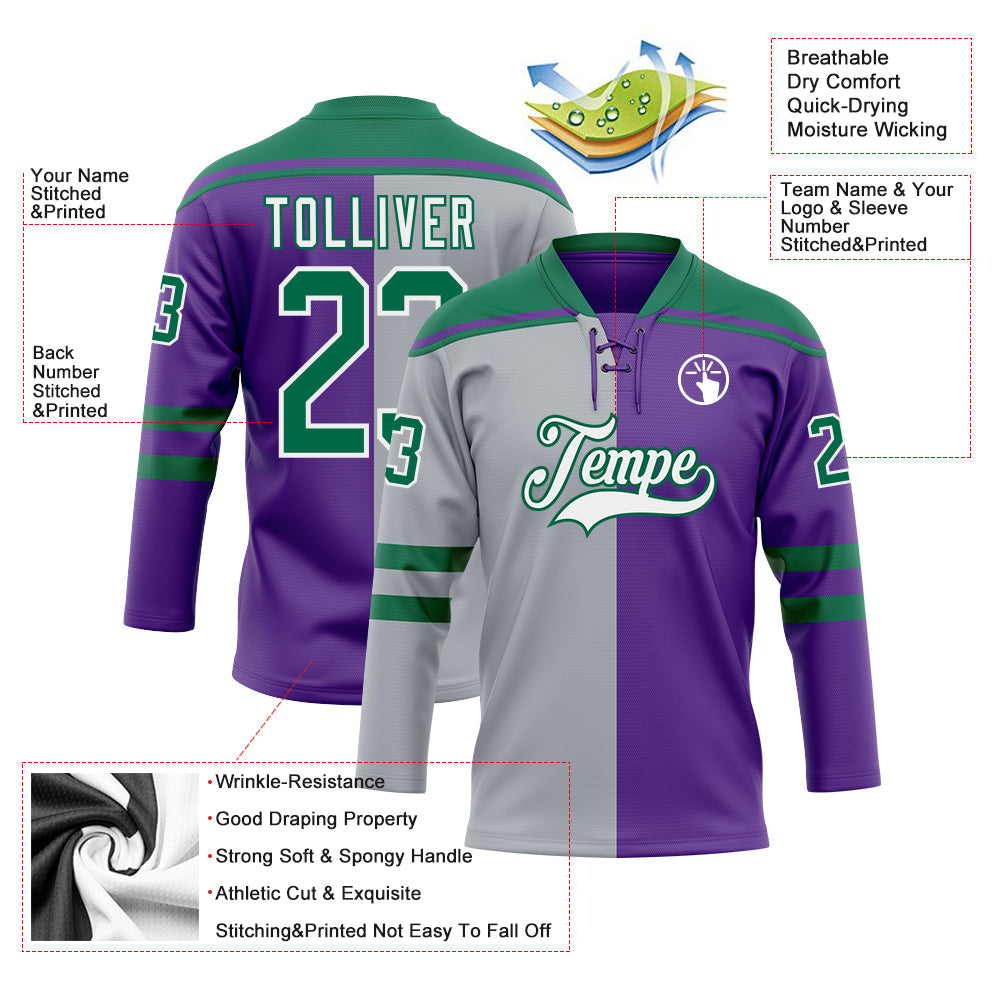 Custom Purple Kelly Green Gray-White Split Fashion Hockey Lace Neck Jersey view 5