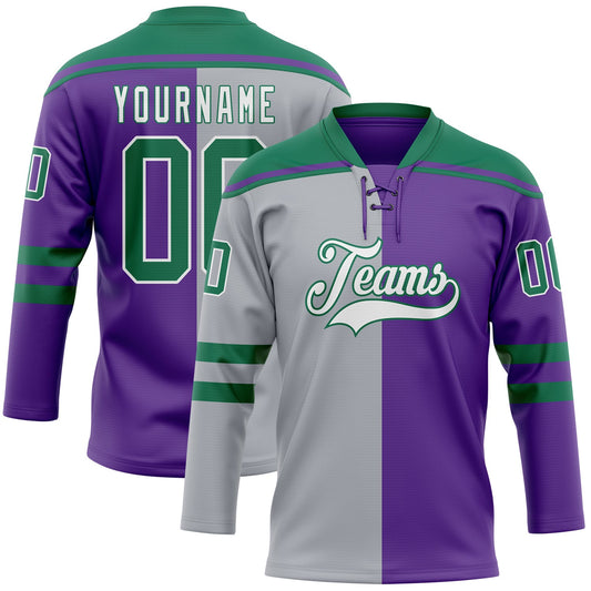 Custom Purple Kelly Green Gray-White Split Fashion Hockey Lace Neck Jersey - Main View