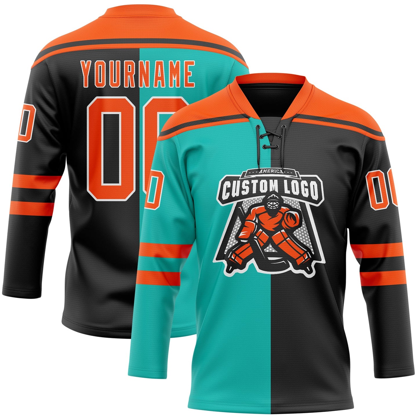 Custom Black Orange Aqua-White Split Fashion Hockey Lace Neck Jersey view 2