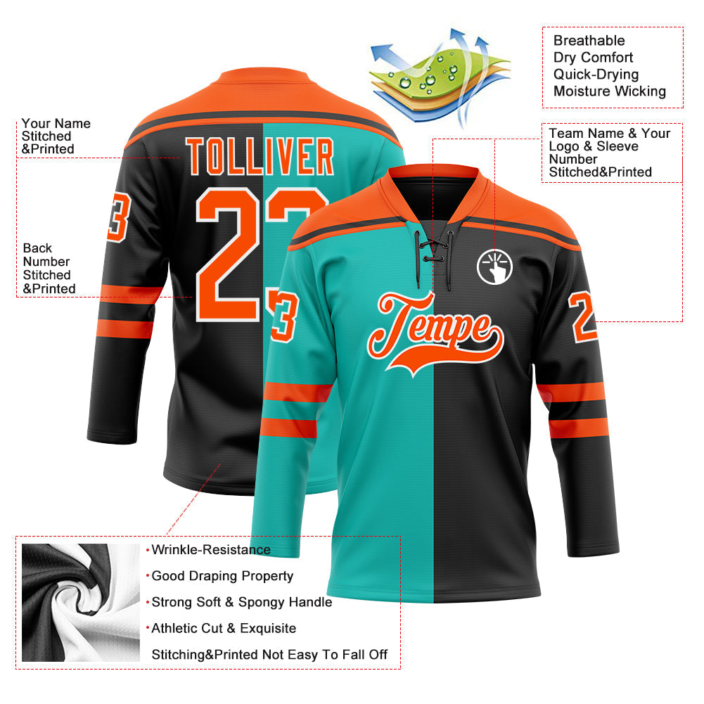 Custom Black Orange Aqua-White Split Fashion Hockey Lace Neck Jersey view 5