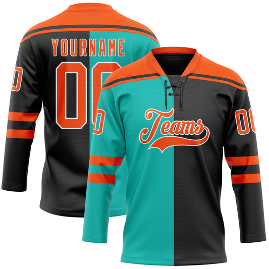 Custom Black Orange Aqua-White Split Fashion Hockey Lace Neck Jersey - Main View