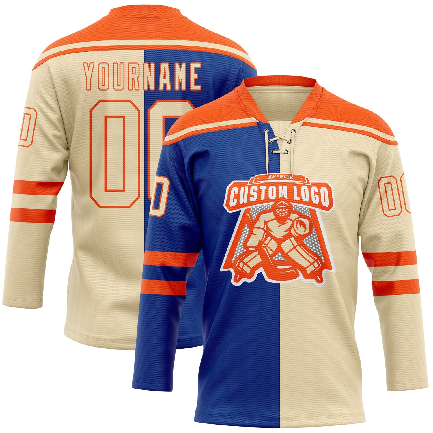 Custom Cream Royal-Orange Split Fashion Hockey Lace Neck Jersey view 2
