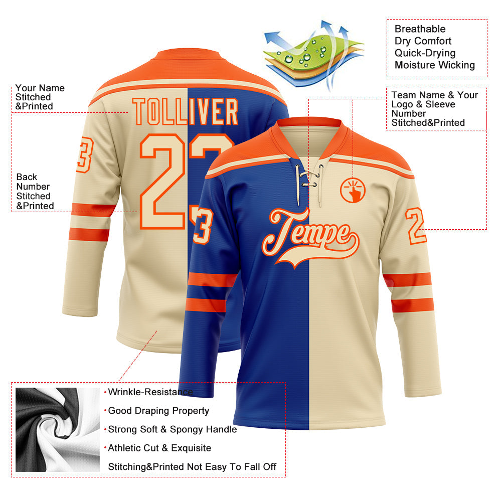 Custom Cream Royal-Orange Split Fashion Hockey Lace Neck Jersey view 5