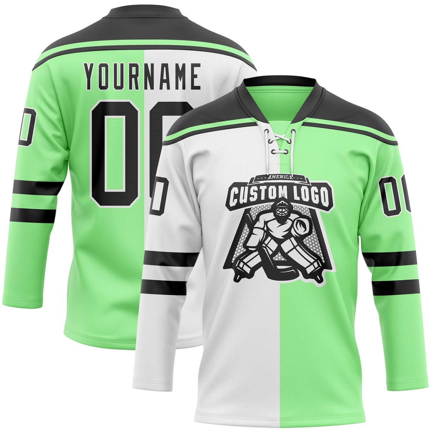 Custom Pea Green Black-White Split Fashion Hockey Lace Neck Jersey view 2