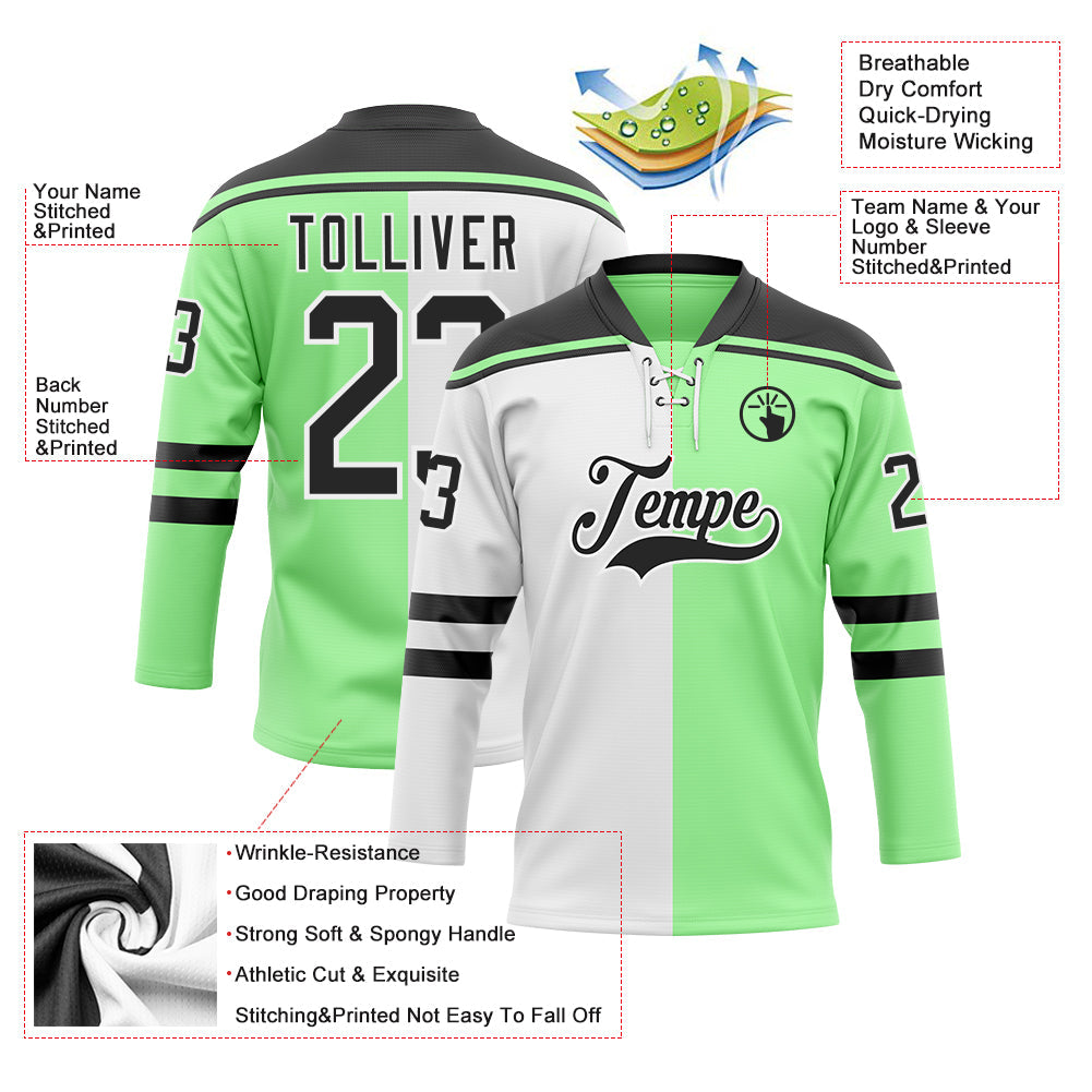 Custom Pea Green Black-White Split Fashion Hockey Lace Neck Jersey view 5