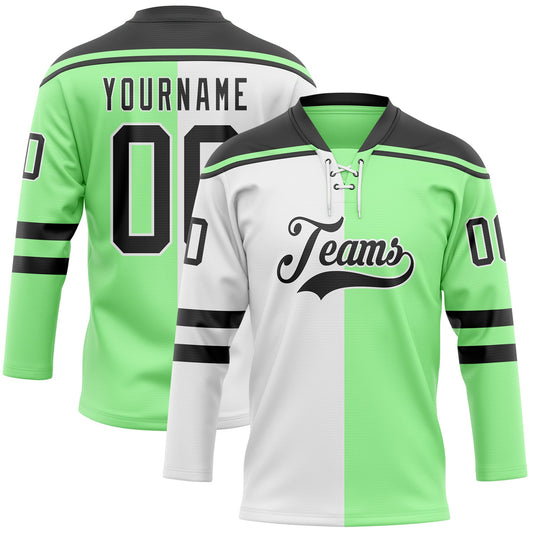 Custom Pea Green Black-White Split Fashion Hockey Lace Neck Jersey - Main View
