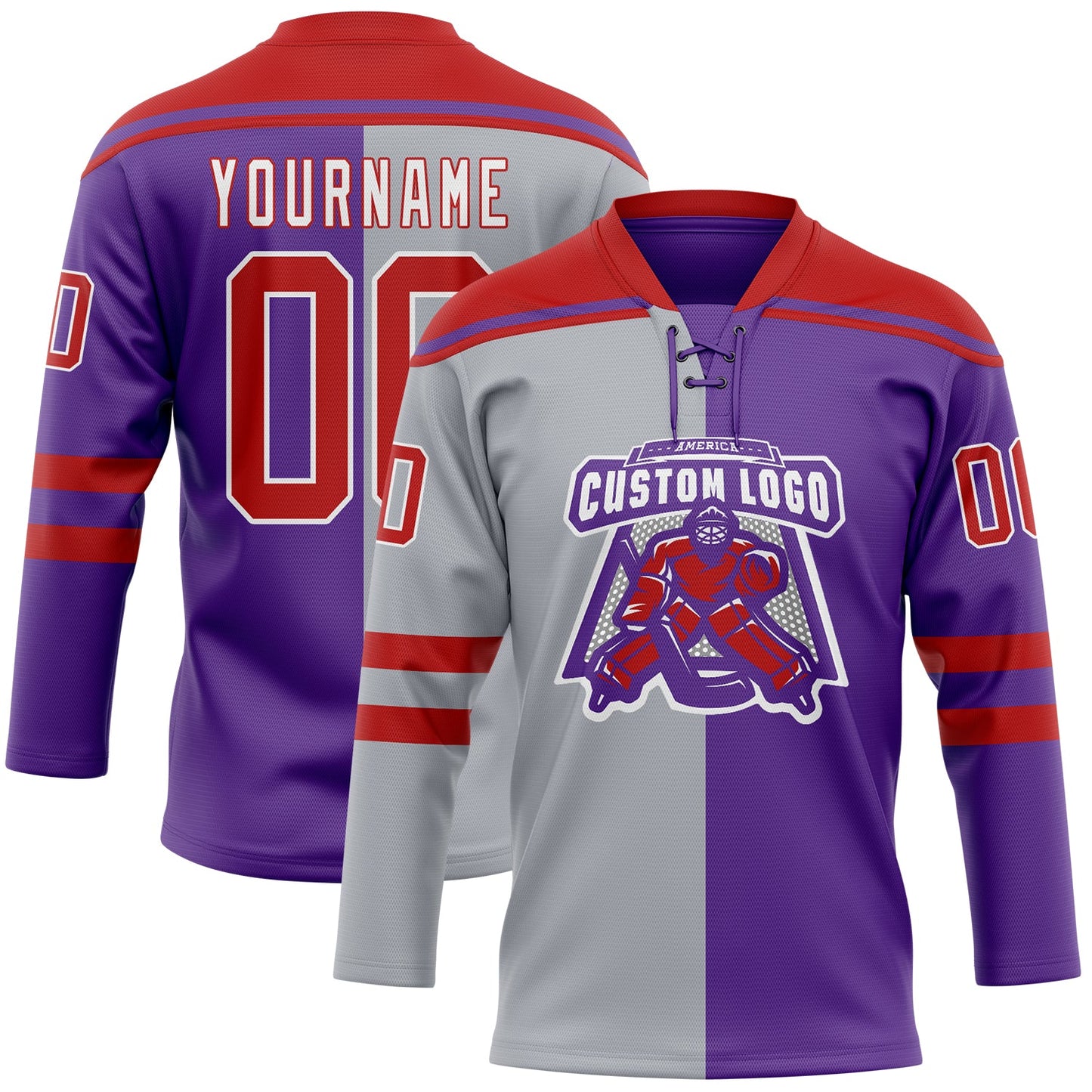Custom Purple Red Gray-White Split Fashion Hockey Lace Neck Jersey view 2
