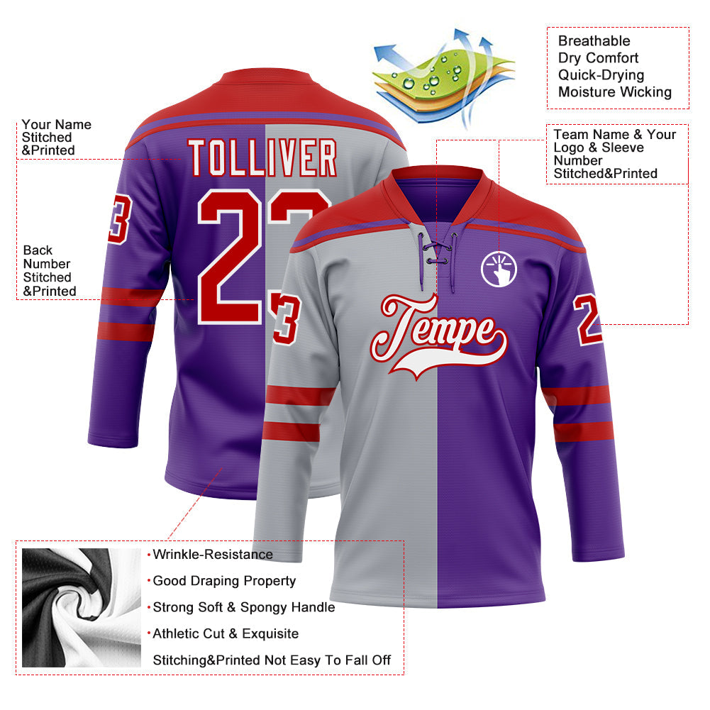Custom Purple Red Gray-White Split Fashion Hockey Lace Neck Jersey view 5