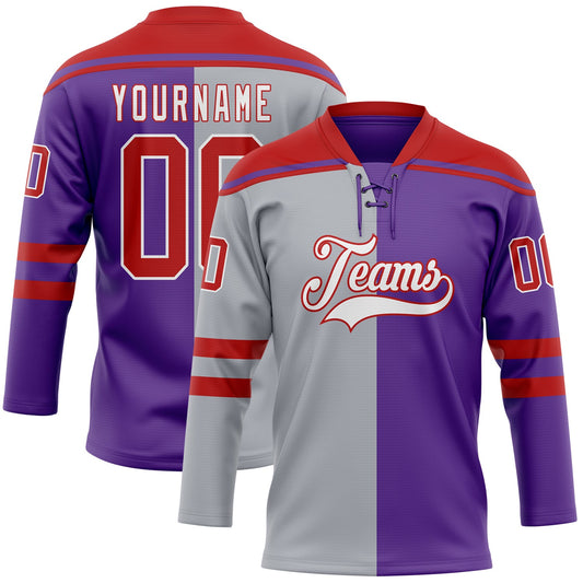 Custom Purple Red Gray-White Split Fashion Hockey Lace Neck Jersey - Main View