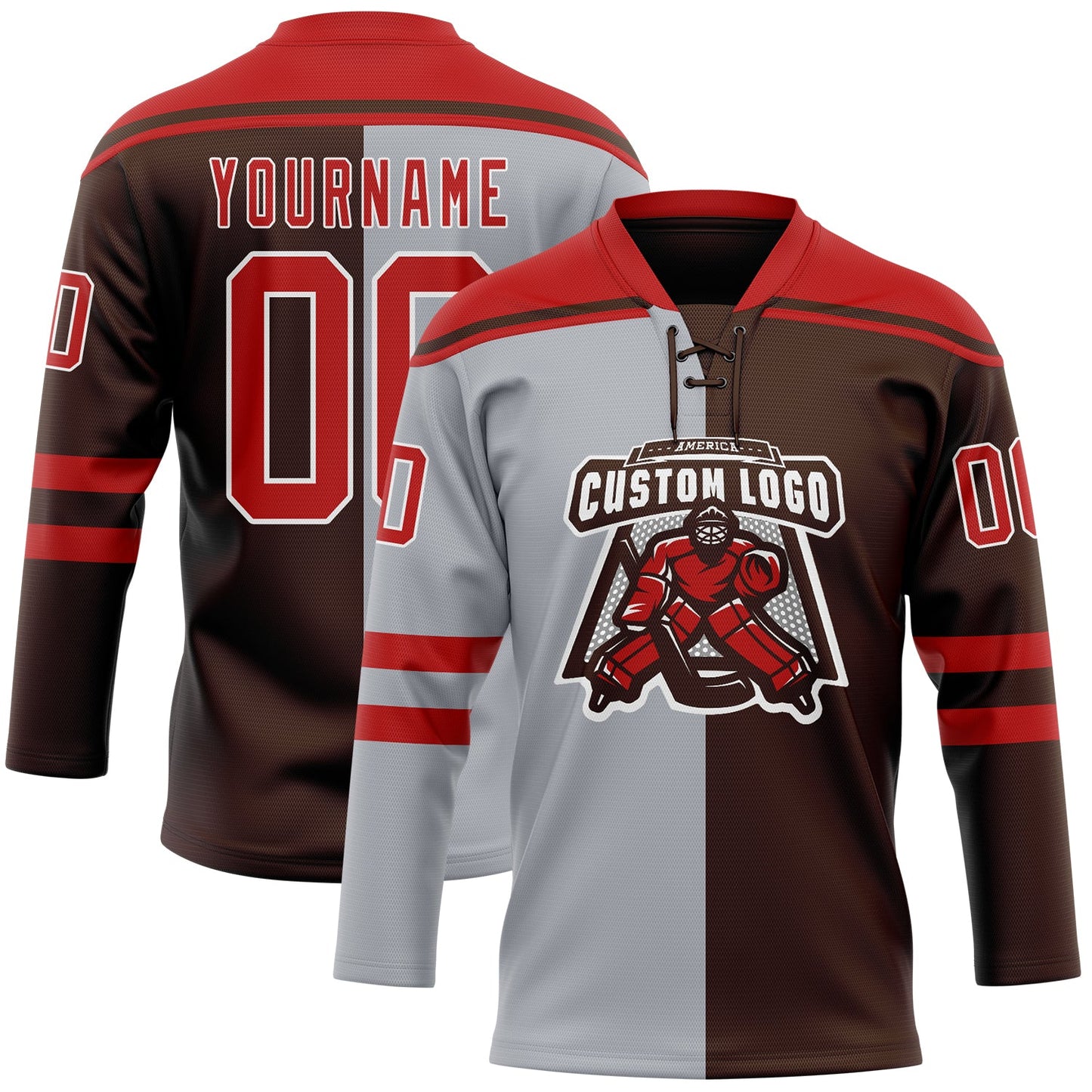 Custom Brown Red Gray-White Split Fashion Hockey Lace Neck Jersey view 2