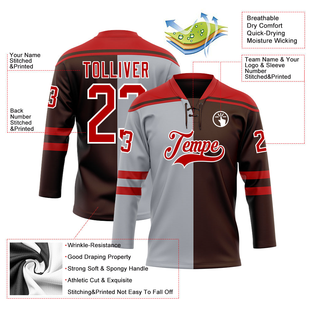 Custom Brown Red Gray-White Split Fashion Hockey Lace Neck Jersey view 5
