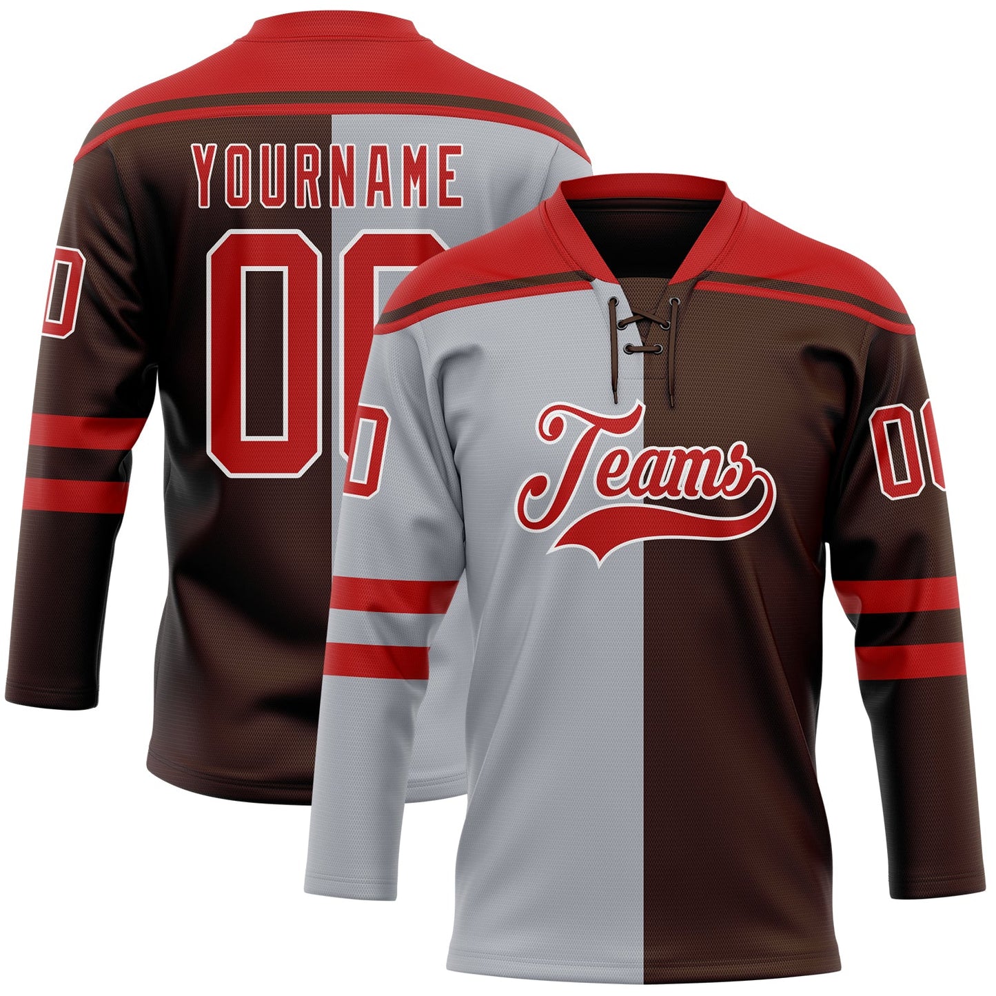 Custom Brown Red Gray-White Split Fashion Hockey Lace Neck Jersey - Main View