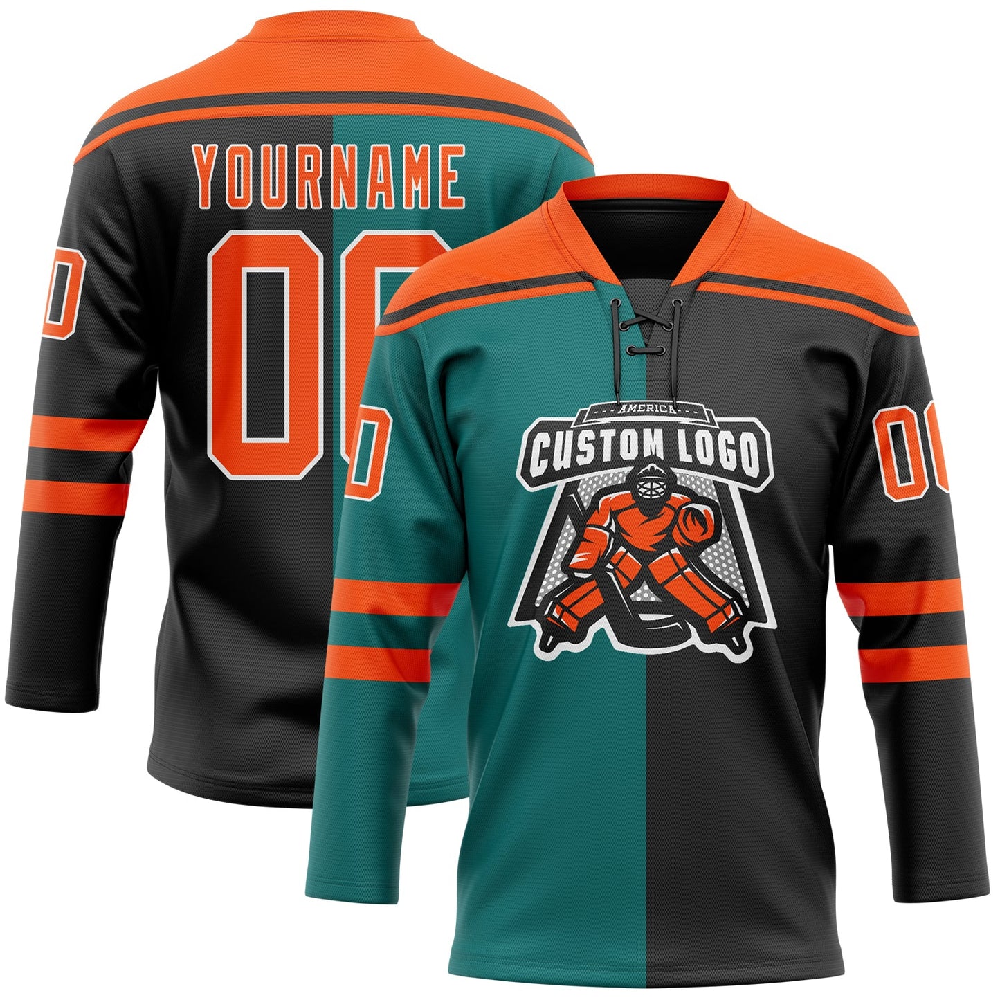 Custom Black Orange Teal-White Split Fashion Hockey Lace Neck Jersey view 2