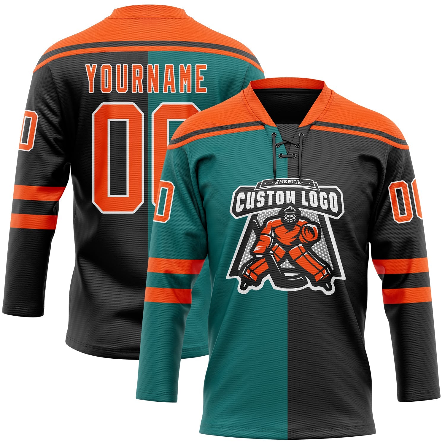 Custom Black Orange Teal-White Split Fashion Hockey Lace Neck Jersey view 2