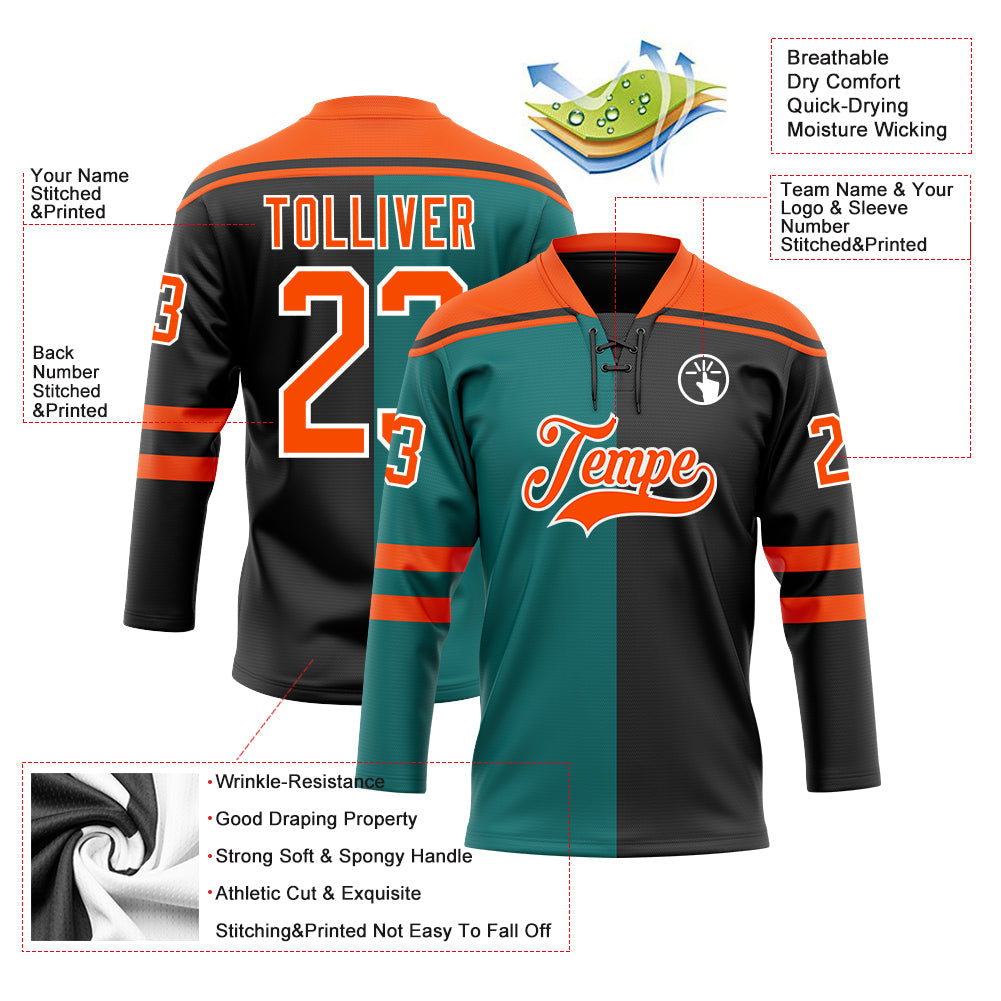 Custom Black Orange Teal-White Split Fashion Hockey Lace Neck Jersey view 5