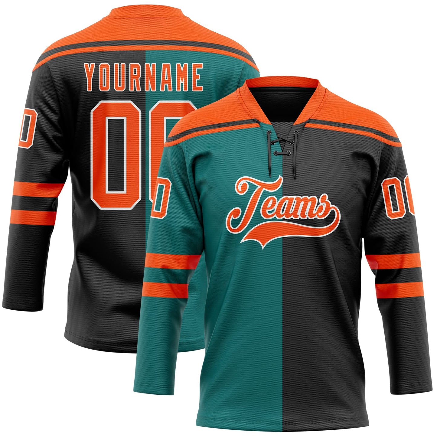 Custom Black Orange Teal-White Split Fashion Hockey Lace Neck Jersey - Main View