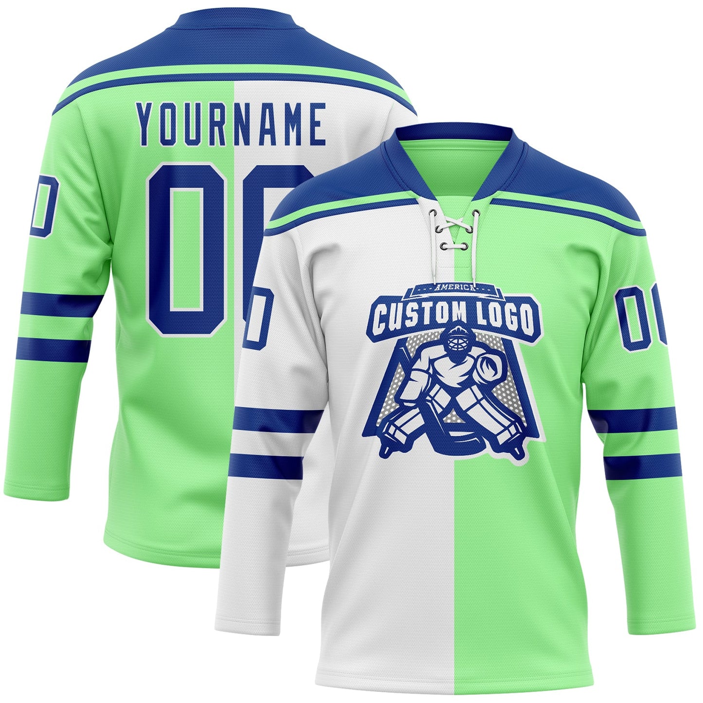 Custom Pea Green Royal-White Split Fashion Hockey Lace Neck Jersey view 2