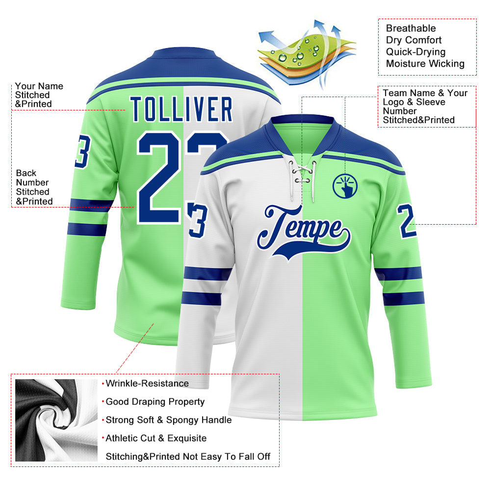 Custom Pea Green Royal-White Split Fashion Hockey Lace Neck Jersey view 5