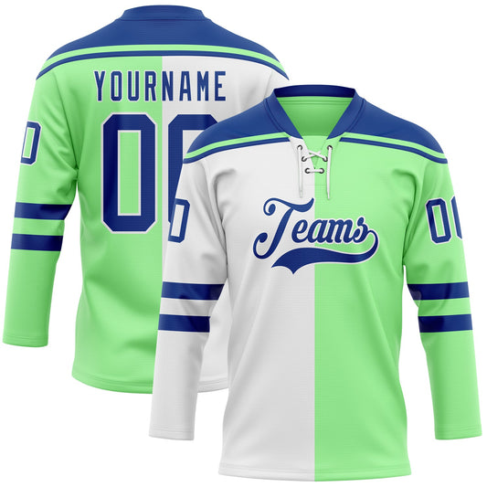 Custom Pea Green Royal-White Split Fashion Hockey Lace Neck Jersey - Main View