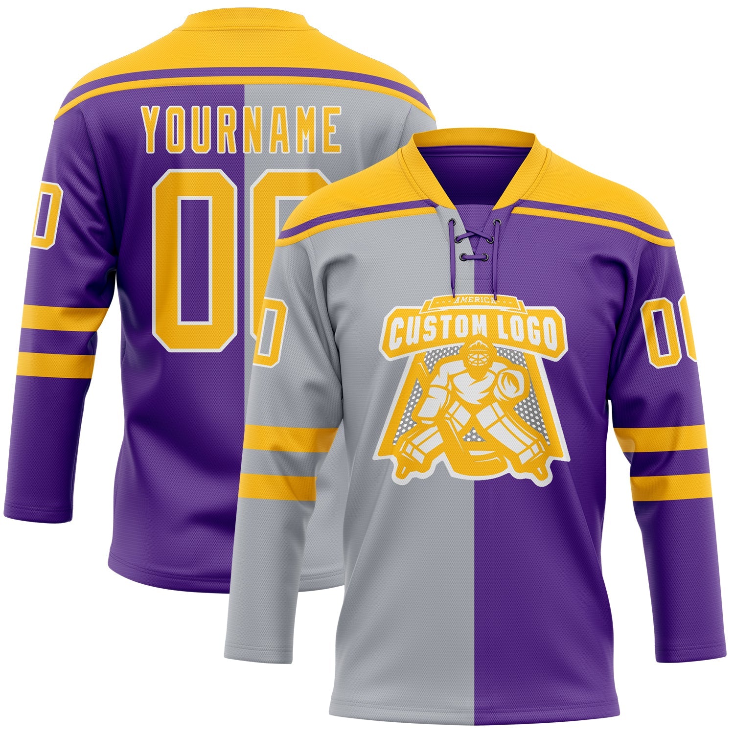 Custom Purple Gold Gray-White Split Fashion Hockey Lace Neck Jersey view 2