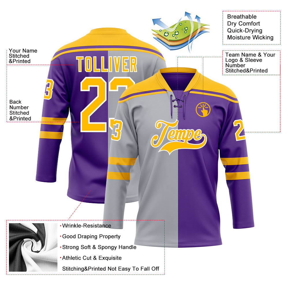 Custom Purple Gold Gray-White Split Fashion Hockey Lace Neck Jersey view 5