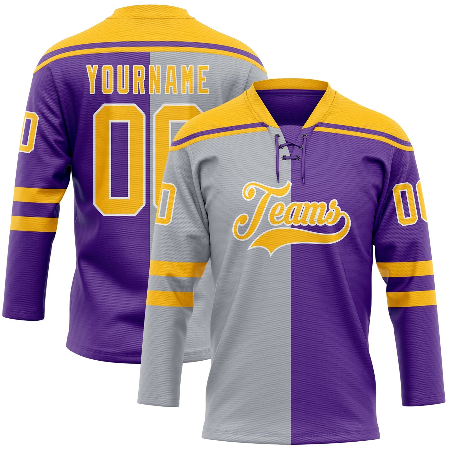 Custom Purple Gold Gray-White Split Fashion Hockey Lace Neck Jersey - Main View