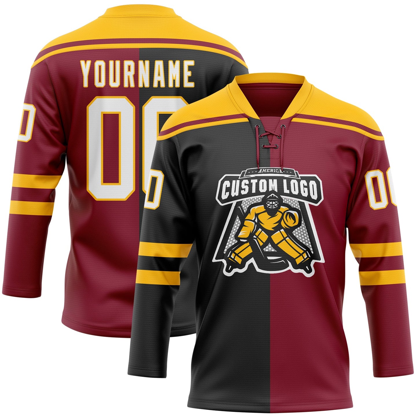 Custom Crimson White Black-Gold Split Fashion Hockey Lace Neck Jersey view 2