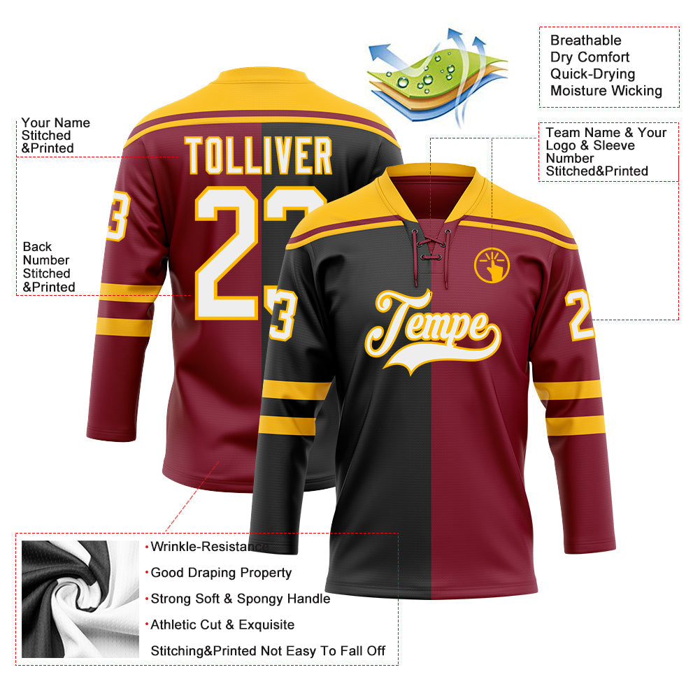 Custom Crimson White Black-Gold Split Fashion Hockey Lace Neck Jersey view 5