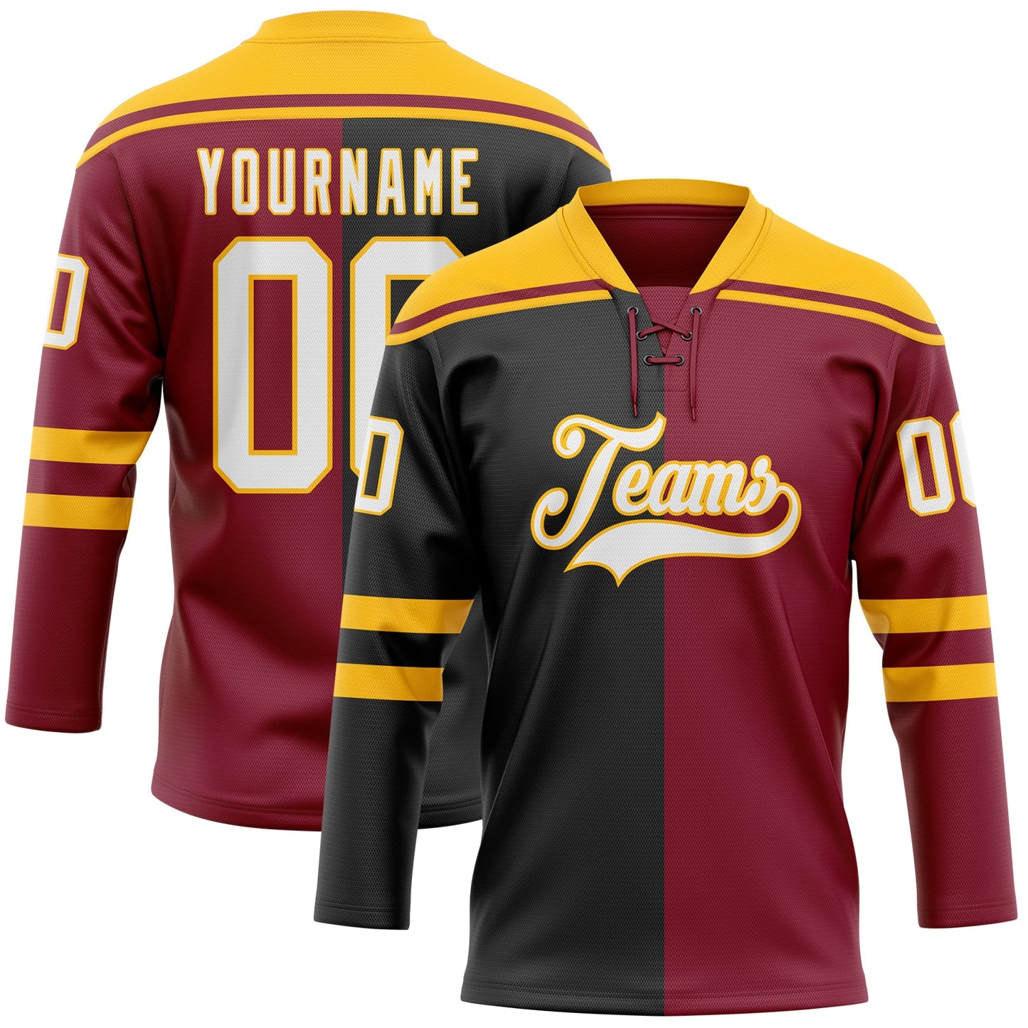 Custom Crimson White Black-Gold Split Fashion Hockey Lace Neck Jersey - Main View