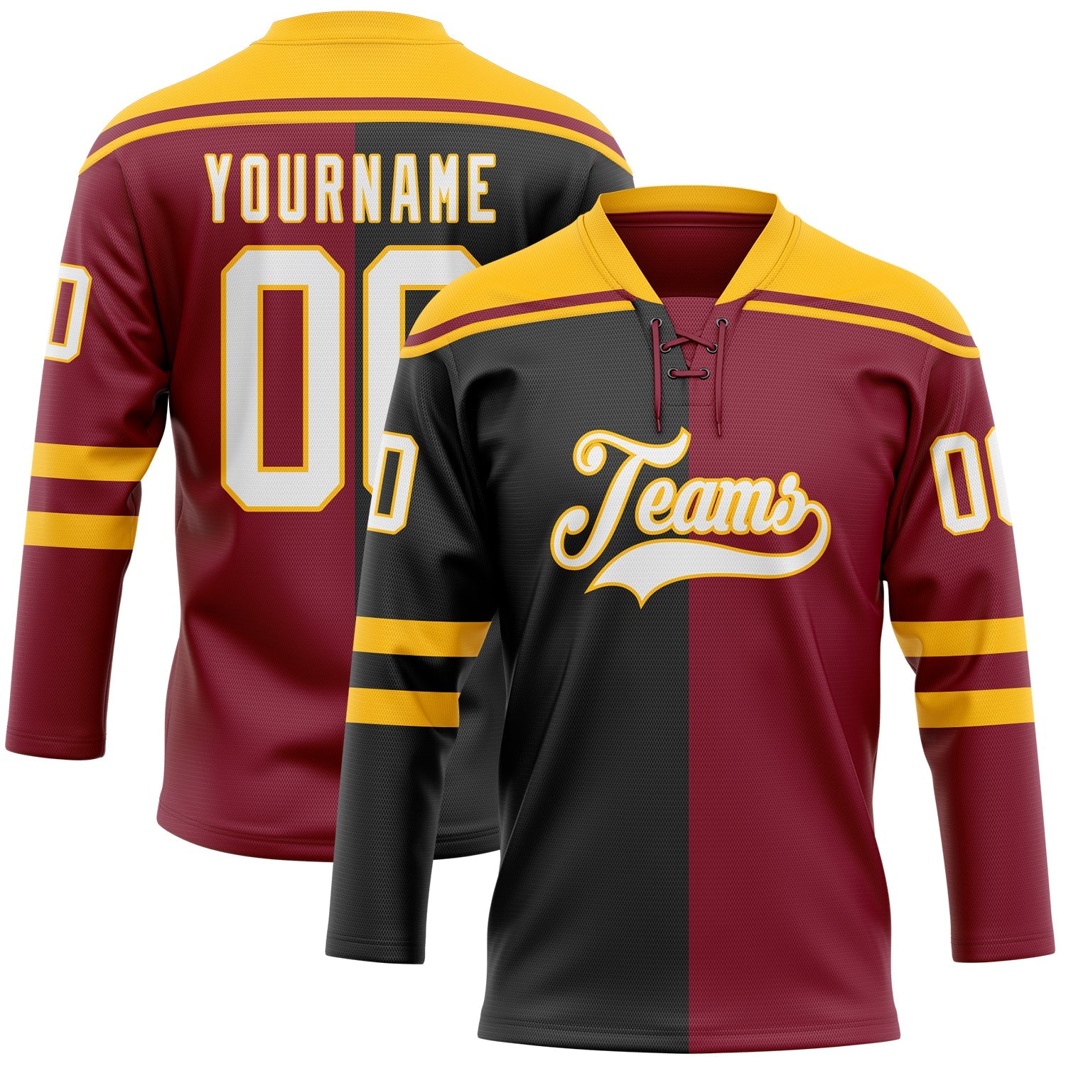 Custom Crimson White Black-Gold Split Fashion Hockey Lace Neck Jersey - Main View