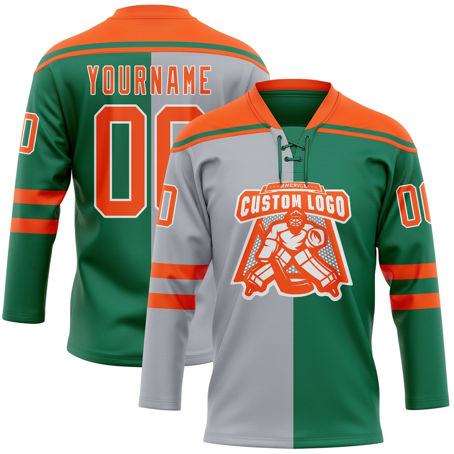 Custom Kelly Green Orange Gray-White Split Fashion Hockey Lace Neck Jersey view 2