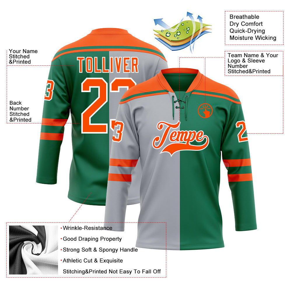 Custom Kelly Green Orange Gray-White Split Fashion Hockey Lace Neck Jersey view 5