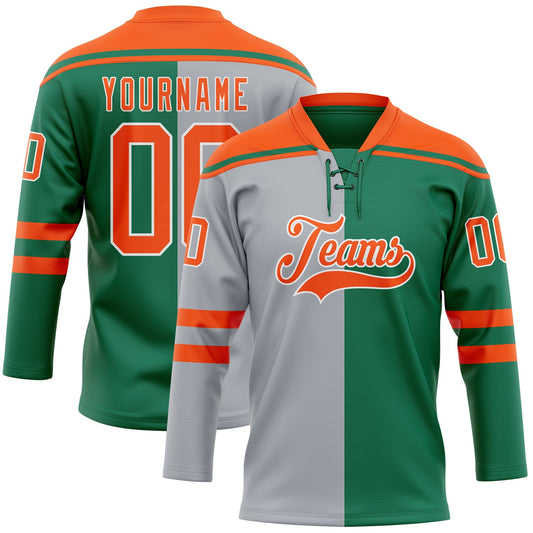 Custom Kelly Green Orange Gray-White Split Fashion Hockey Lace Neck Jersey - Main View
